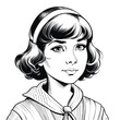 Vector drawing of a girl with short hair. The illustration is black and white.
