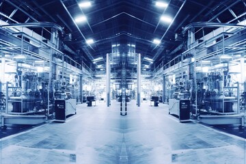 Poster - focusWide typical background Concept collage industrial manufacturing space Industry Blue Selective industrial toned concept business manufacturing if blurred panoramic