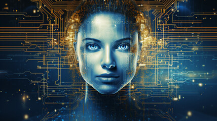 Wall Mural - cyber circuit concept background with young human eye and female connection connection.