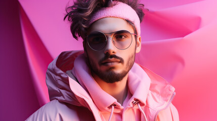 portrait of caucasian male fashion model against pink background, fashion design backdrop 