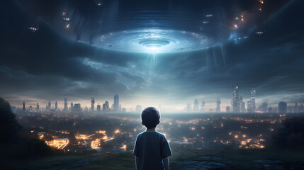 Back view of little boy looking at alien invasion, UFO flying in the sky above city, concept of evidence and sighting