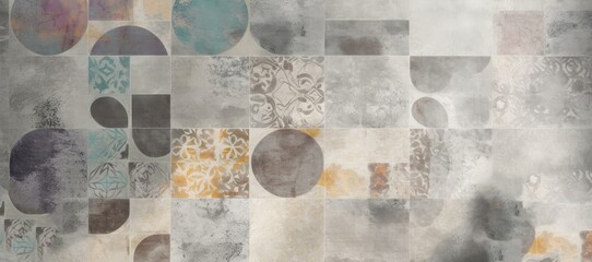 Wall Mural - Grunge concrete wall with ornaments and prints. Digital tiles design. 3D render Colorful ceramic wall tiles decoration. Abstract damask patchwork, Generative AI