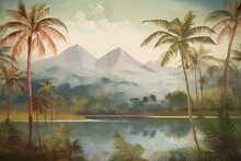 Tropical Landscape Wallpaper Design With Oil Painting Effect, Lake And Mountain, Vintage View, Palm And Banana Trees, Mural Art, Generative AI