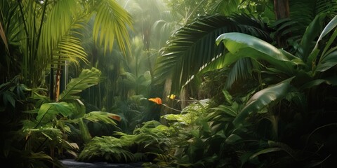 beautiful tropical vegetation garden with palm leaves, lush foliage in a green wild jungle, rain forest backdrop concept for wallpaper, beauty, Generative AI