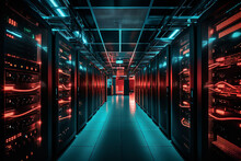 Rows Of Servers In A Large Data Center Show Red Alerts, Indicating They Have Been Compromised By A Hacker's Activities