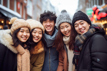 Wall Mural - Group of young happy smiling Japanese tourists at street Christmas market in Amsterdam