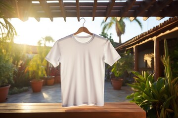 Canvas Print - White tshirt mockup on hanger outdoors, AI Generative