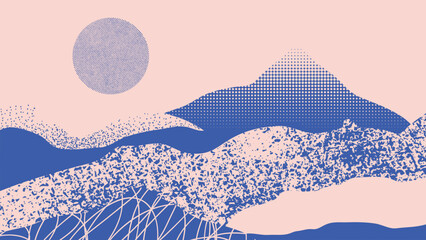 Wall Mural - abstract mountain background vector. mountain landscape with fading dot effect, moon, halftone, dot 
