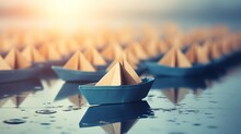 Leadership Concept: Blue Paper Boat Leading Fleet Of Small White Boats With Compass Icon On Wooden Table (vintage Effect