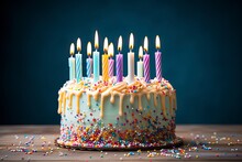 Birthday Cake With Rainbow Icing, Colorful Sprinkles And Lit Candles Over A Blue Background.
