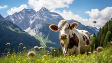 Cow Grazing  In  Meadow With  Beautiful Mountain Landscape