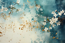 Delicate white flower blossoms on blue and gold background. Generative AI