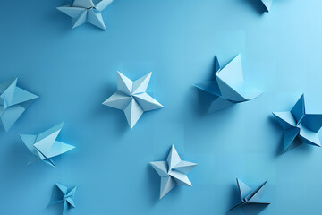 Poster - Delicate origami formations representing mathematical ideas stand out starkly against a calming, uniform azure backdrop, blending art with science