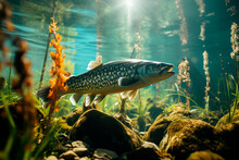 Freshwater Fish Underwater On A Lake With A Water Plants