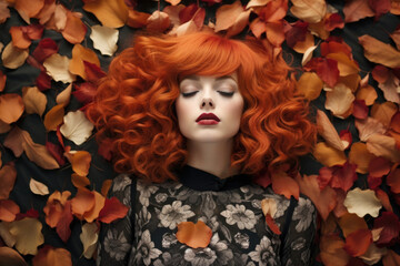 Beautiful girl sleeping peacefully, bright red copper color hair, surrounded by autumn fall leaves and flower petals, youthful calm and glamourous princess of nature - generative AI