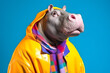 © Mihai Zaharia - Portrait of a hippopotamus wearing a raincoat and an umbrella in studio, colorful background. Autumn concept. Generative AI