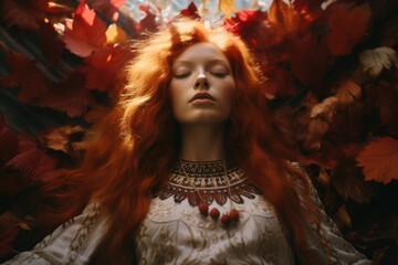 Beautiful girl sleeping peacefully, bright red copper color hair, surrounded by autumn fall leaves and flower petals, youthful calm and glamourous princess of nature - generative AI