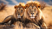 Majestic Lions Resting In The Golden Grasslands Of Africa Exuding An Air Of Regal Authority And Dominance