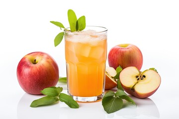 Fresh apple juice at the drink glass with slice isolated on white