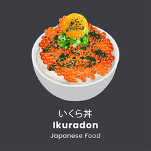 Ikura Don. Japanese Rice Bowl With Salmon Roe. Vector Illustration