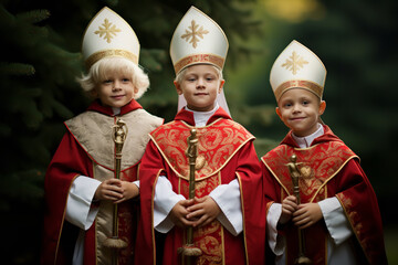 Poster - Miniature mitres and robes, children mimic the saint, embodying his spirit of giving