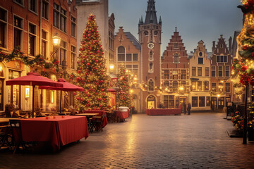 Canvas Print - Cobblestone streets buzz with excitement as townspeople adorn the square with festive decorations