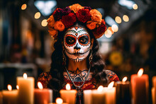 Candlelight Portrait Of Woman With Dia De Los Muertos Or Day Of The Dead Face Paint