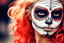Woman With Sugar Skull Face Paint Makeup For Day Of The Dead Or Halloween