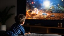 Kid Watching Cartoons On Big Screen At Home