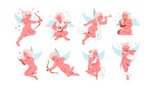 Cupids Set. Cute Baby Angels, Kids Cherub Characters. Flying Winged Girls, Boys Shooting With Arrow And Bow, Playing Music, Singing About Love. Flat Vector Illustrations Isolated On White Background