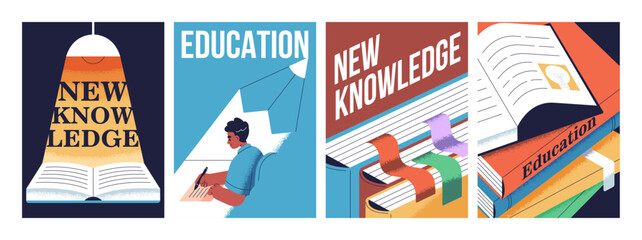 Poster - Education posters designs with books. Promo card backgrounds set for school, university, training course, library. Knowledge, study and literature, promotion flyers. Flat graphic vector illustrations