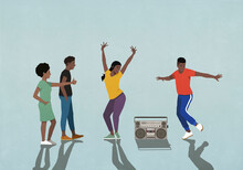 Happy Young Friends With Boom Box Dancing, Having Fun

