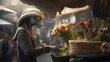 Ein Alien kauft einen Strauß Blumen auf einem Wochenmarkt