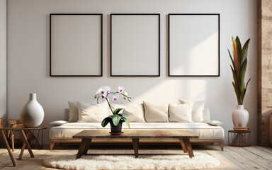 Scandinavian interior design of modern living room with three blank poster mockup frames. Modern stylish interior with ivory beige sofa, coffee table with orchid.