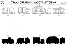 Transportation Black And White Shadow Matching Activity. Transport Line Puzzle With Cute Trucks. Find Correct Silhouette Printable Worksheet Or Game. Funny Coloring Page For Kids With Lorry.