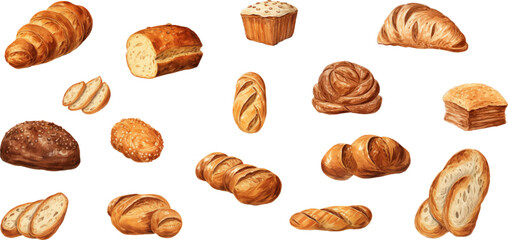 Canvas Print - Set of breads in various styles on a white background. Generative AI