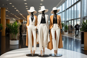 Mannequins in a women's stylish clothing store in white and beige colors