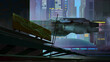 a painted sci-fi cityscape with a starship