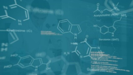 Poster - Animation of computer language, caucasian scientist examining sample using microscope