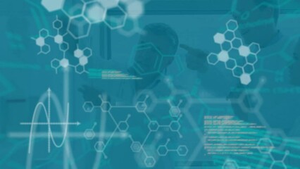 Poster - animation of molecule structures, computer language, caucasian scientists discussing in laboratory