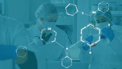 Poster - Animation of molecule structures over diverse scientist examining sample using microscope