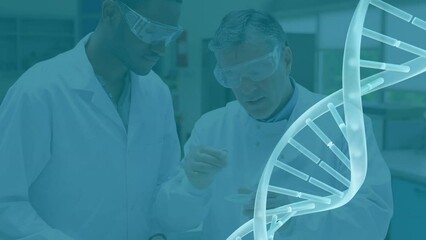 Poster - Animation of rotating dna helix over diverse scientist discussing about sample in laboratory