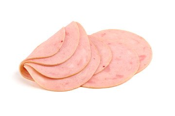 Wall Mural - Thinly Sliced Ham, boiled sausage, close-up, isolated on white background.