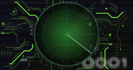 Poster - Animation of radar with circuit board pattern and binary codes over abstract background
