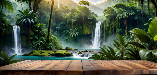 Wall Mural - Empty wooden table top with jungle landscape with waterfall. Tropical rainforest valley landscape, for display or montage your products. AI generative.