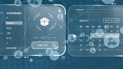 Poster - Animation of connected icons over graphs, calendar, map, navigation pattern against connected dots
