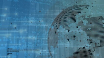Poster - Animation of computer language and rotating globe over illuminated dots and graphs