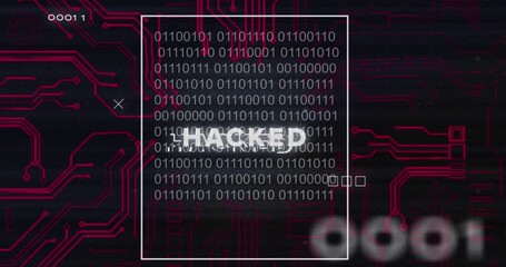 Poster - Animation of hacked text with binary codes and circuit board pattern over black background