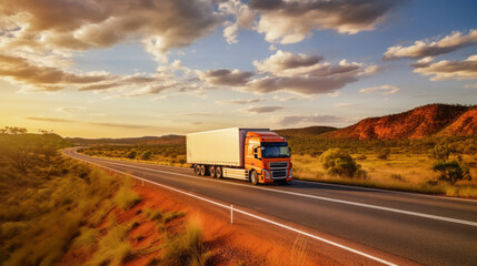 Huge semi-truck crossing the Australia northern territory bush landscape on an empty road