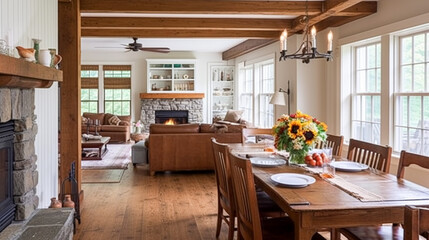 Farmhouse dining room decor, interior design and living room, table with chairs, furniture and home decor, English country cottage style